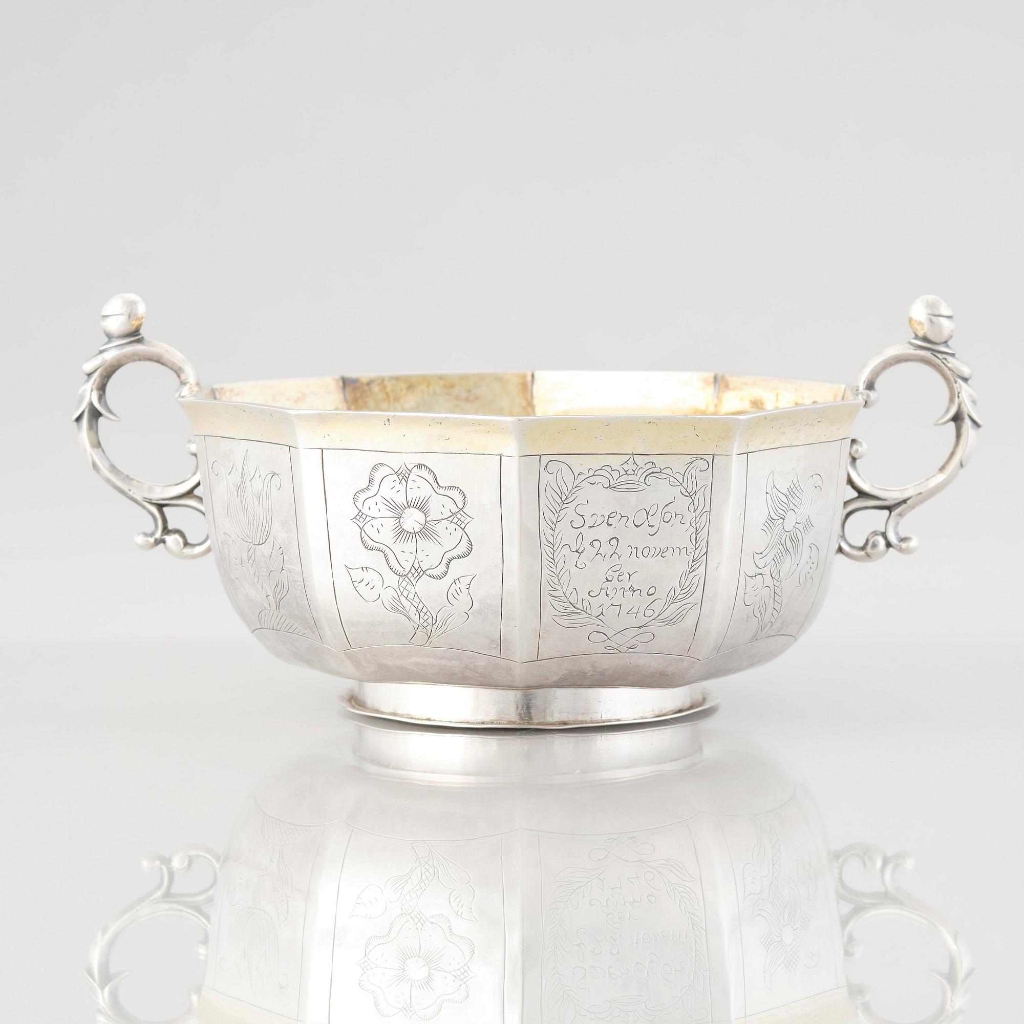 A Swedish Baroque parcel-gilt silver brandy-bowl, mark of Samuel Nordsten, Karlskrona, 1746.