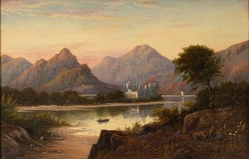 English artist, 19th century, Figure in a boat by a castle ruin.