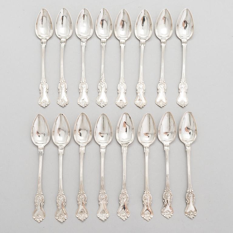 GUSTAF ADOLF BJÖRKLUND, Strösked, gräddsnäcka och skedar, silver, totalt 18 delar, Joensuu, Finland 1870.