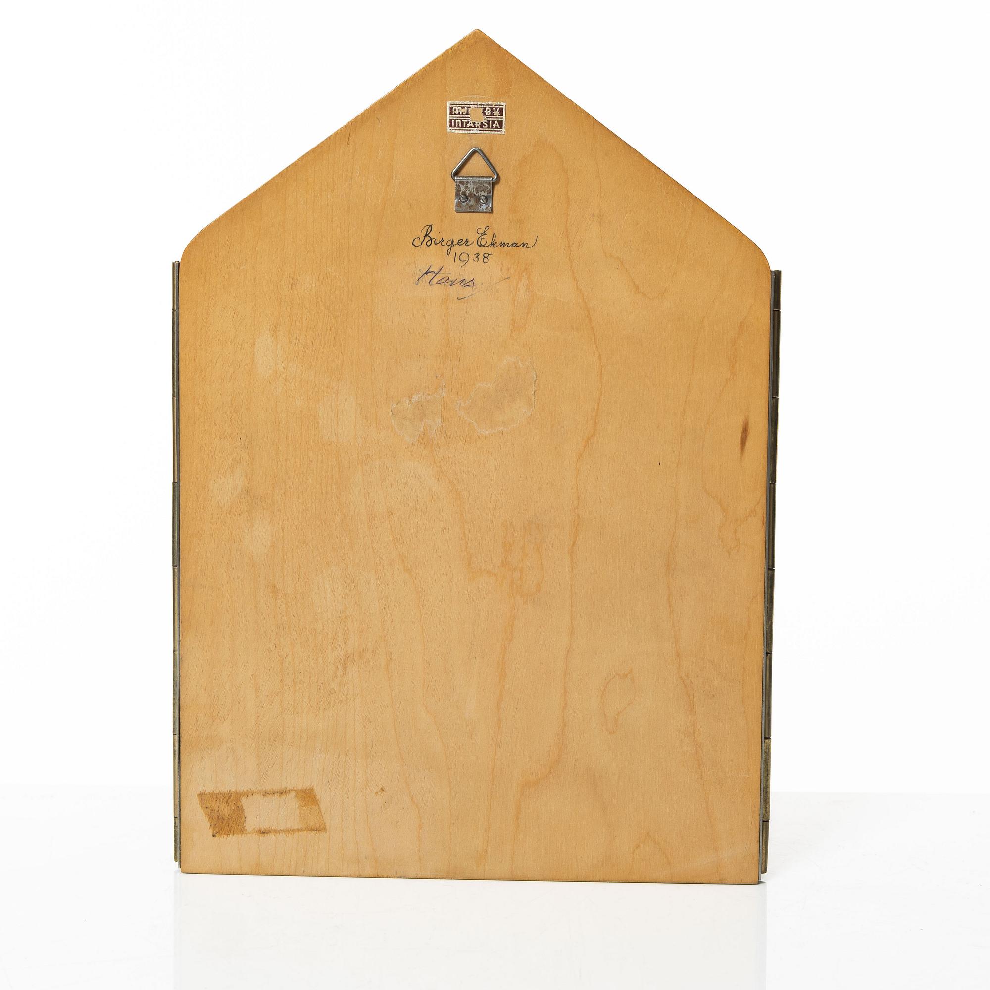 Birger Ekman, wall-mounted plaque, Mjölby Intarsia, Sweden, 1938.