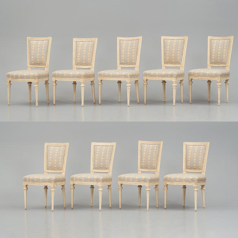 A set of nine Gustavian chairs by A Hellman (master in Stockholm 1761-94) and E Ståhl (master in Stockholm 1794-1820).