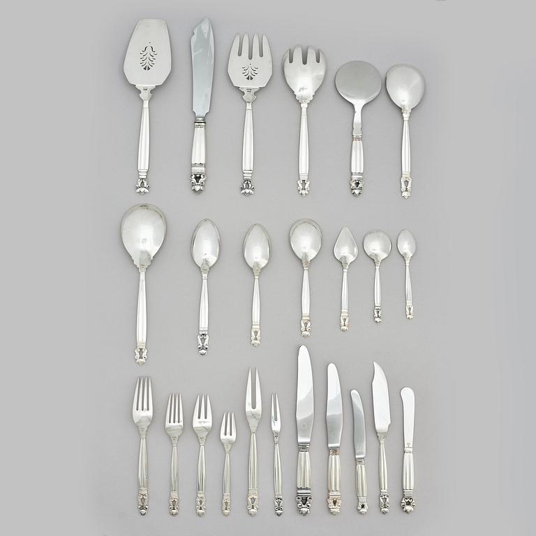 Georg Jensen, bestickservis, 153 delar, "Konge/Acorn", sterling silver och rostfritt, design Johan Rohde, Köpenhamn 1933-1944.
