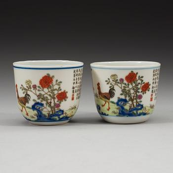 A pair of famille rose rooster cups, China, second half of the 20th century, sealmark in red.