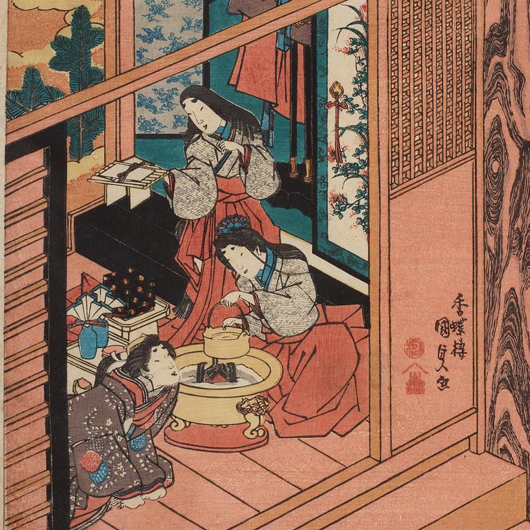 UTAGAWA KUNISADA, även kallad Toyokuni III (1786-1864), triptyk, färgträsnitt. Japan, "The Tale of Genji".