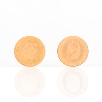 GULDMYNT, 2 st, 5 kronor, Oscar II av Sverige och Norge 1881 resp 1886. Vikt tot ca 4 gram.