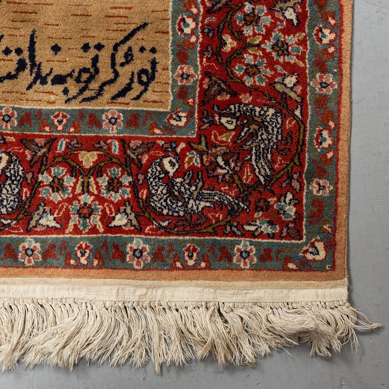 Matto, an old Pakistani figural, ca 214-216 x 121,5-123 cm (as well as ca 1-2 cm flat weave at the ends).