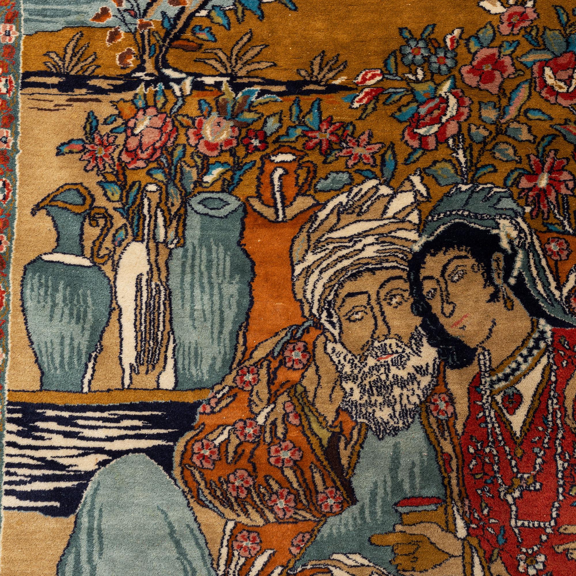 Matto, an old Pakistani figural, ca 214-216 x 121,5-123 cm (as well as ca 1-2 cm flat weave at the ends).