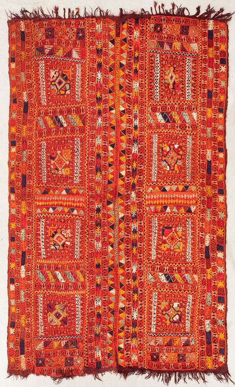 Kelim rug, semi-antique/antique, approximately 243x155 cm, composed of two stitched panels.