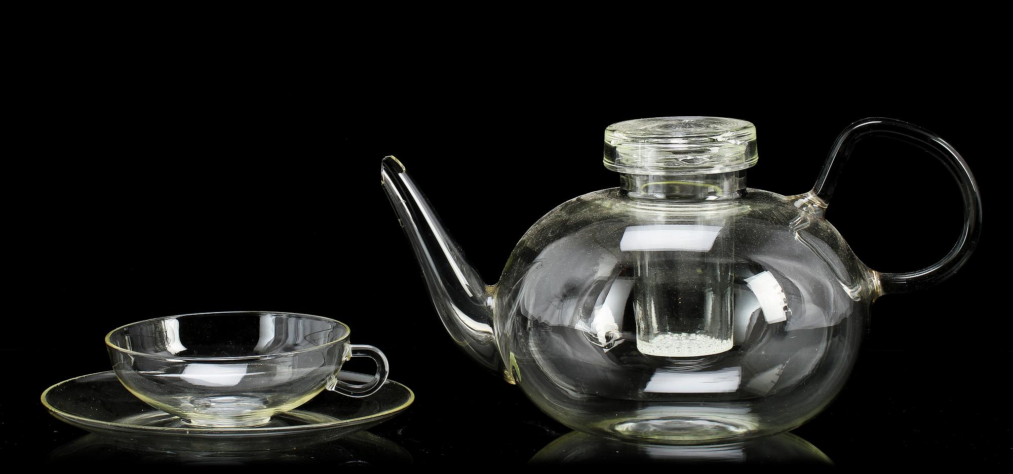 TEKANNA samt TEKOPPAR, 3 st, glas, Wilhelm Wagenfelt för Jenaer Glaswerke, Jena, Tyskland, 1900-talets andra hälft.