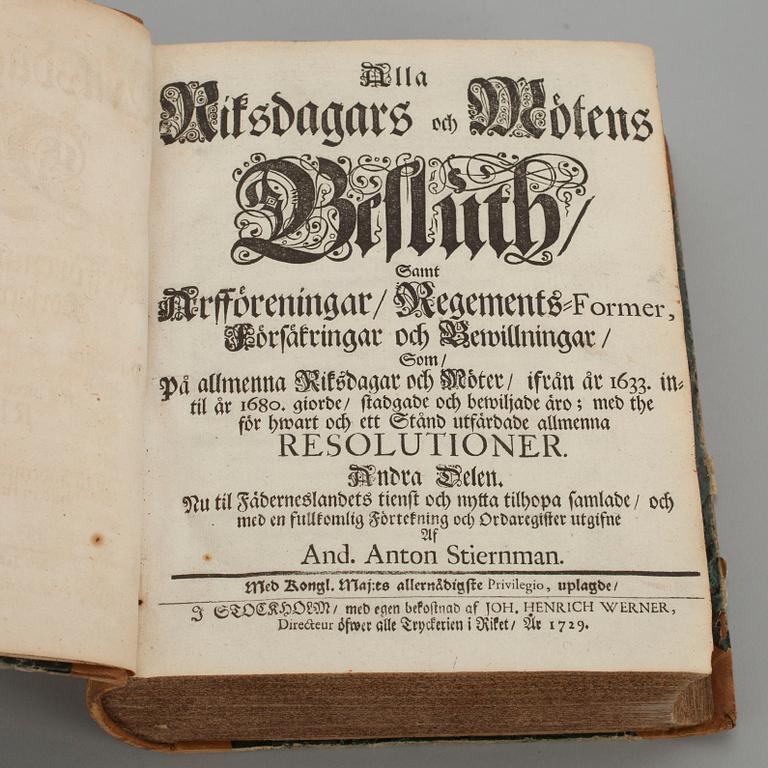 BÖCKER, 3 st , vol. I-II-III "Alla Riksdagars och Mötens Beslut", And. Anton Stiernman 1728, 1729, 1733.