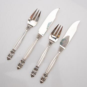Johan Rohde, fish cutlery, 16 pieces, silver, "Konge / Acorn", Georg Jensen, Denmark.