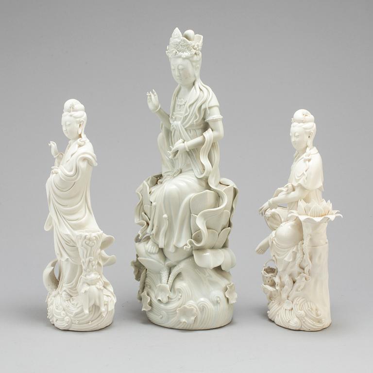 Three Chinese blanc de chine figures of Guanyin, 20th century.