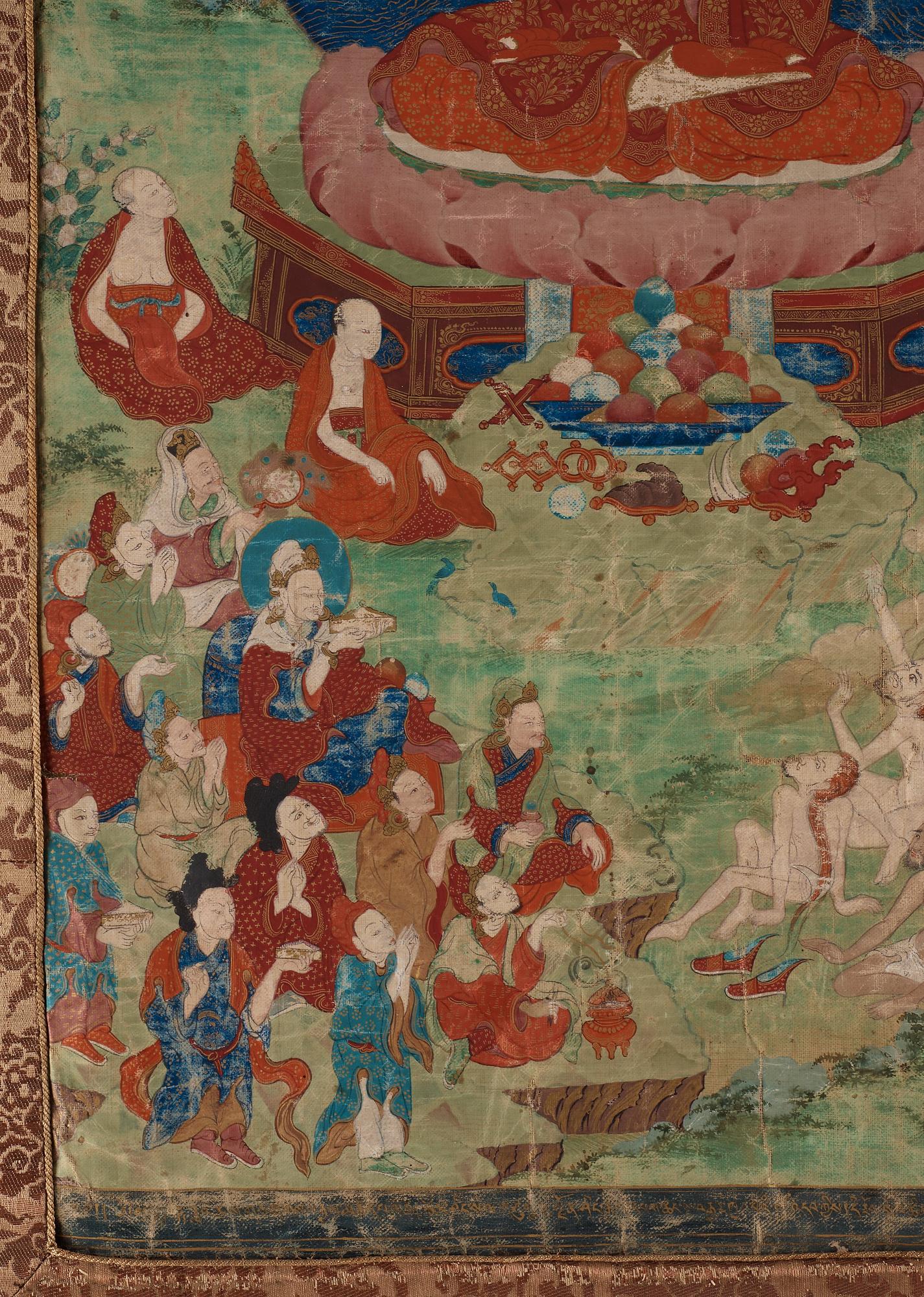 THANGKA. Tibet, troligen 1800-tal. Shakyamuni med lärjeungar och lamor.