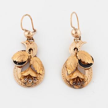 A pair of enamel and rose cut diamond earrings.