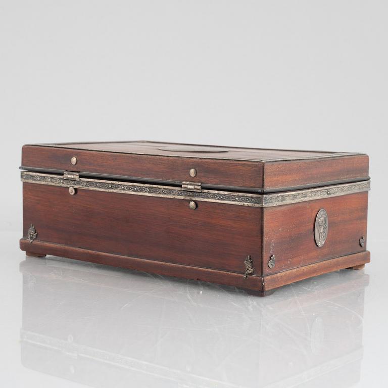 A late gustavian mahogany box with silver mounts by J. P. Möller, Helsingborg, early 19th century.