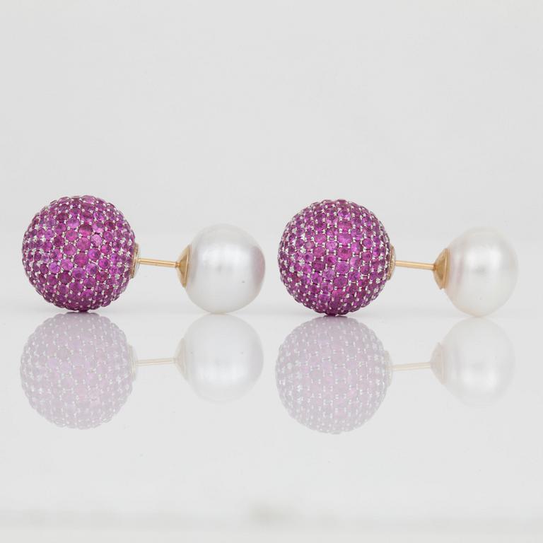 A pair of pink sapphire, diamond and cultured pearl earrings that can be worn in two different ways.