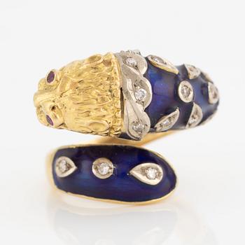 Ring, 18K gold with blue enamel, diamonds, and rubies, Greece.