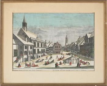 TITTSKÅPSBILDER, 2 st, handkolorerade kopparstick, 1700-tal.