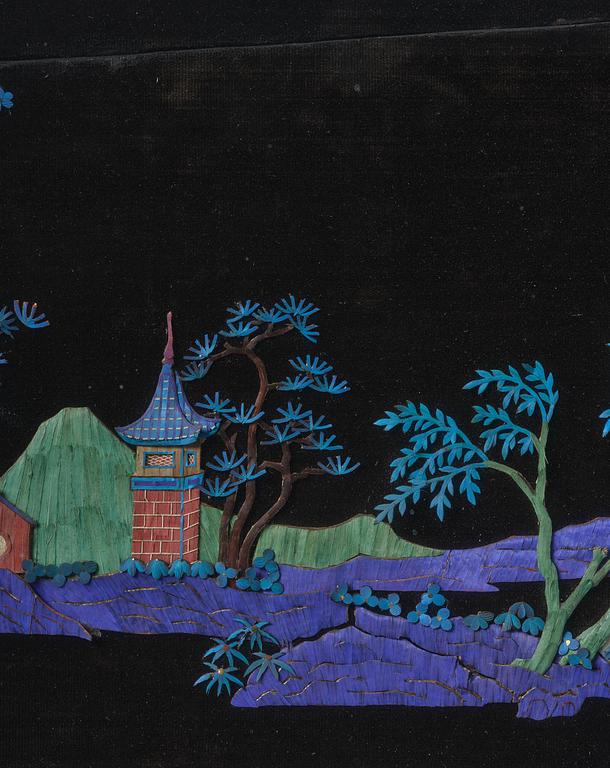 A framed ivory and kingfisher-feather-embellished wall panel, Qing dynasty, Qianlong/Jiaqing.