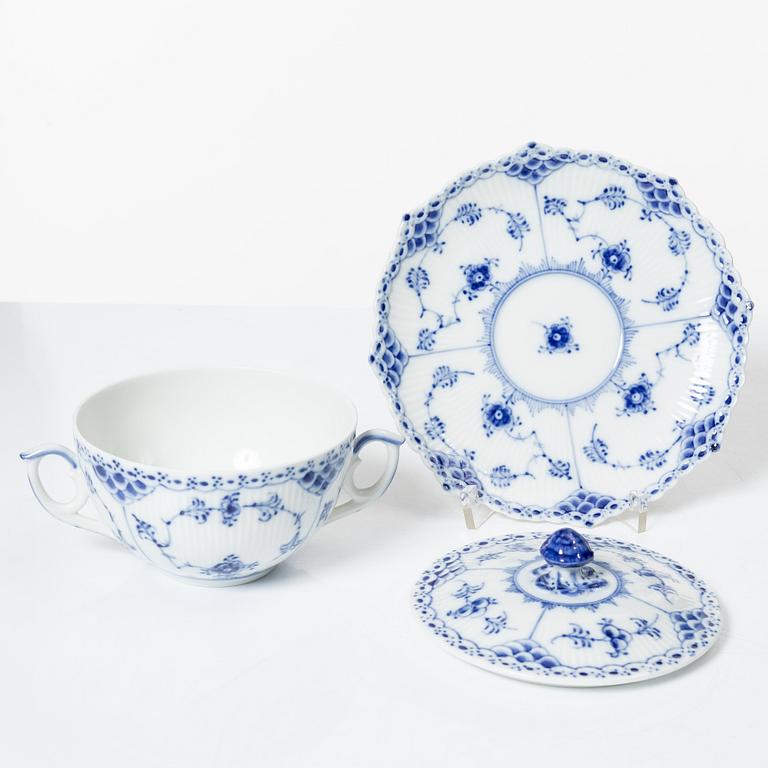 Royal Copenhagen, twelve consommé cups with saucers, 'Blue Fluted Half Lace', Denmark.