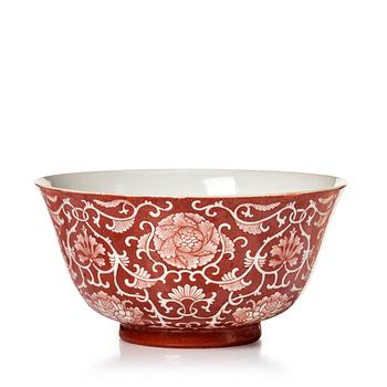 821. A coral red reverse decorated floral bowl, seal mark of Daoguang, Republic, 20th Century.