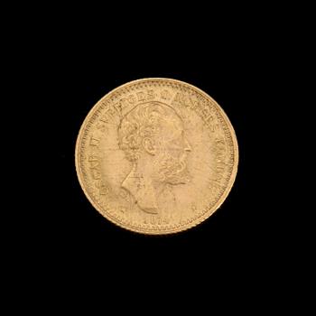 MYNT, guld, 10 kr, Oscar II, 1874 Vikt ca 4 gram.