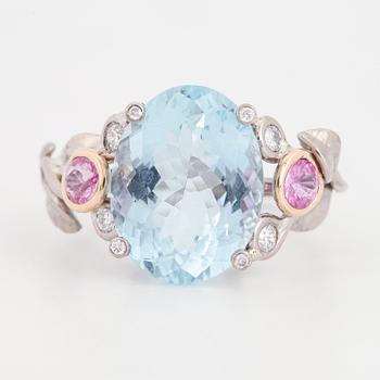 Aquamarine, pink sapphire and brilliant-cut diamond ring.