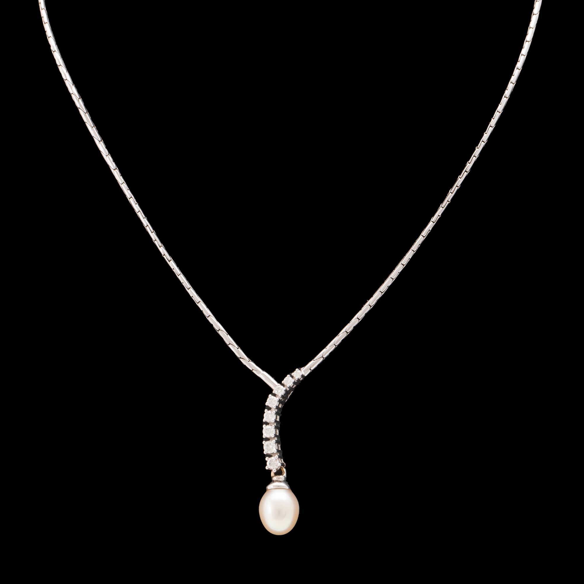 An 18K white gold necklace set with round brilliant-cut diamonds and a cultured pearl.