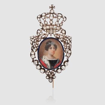 1450. A royal brooch with a painted miniature of Queen Desideria of Sweden surrounded by blue enamel and antique-cut diamonds.