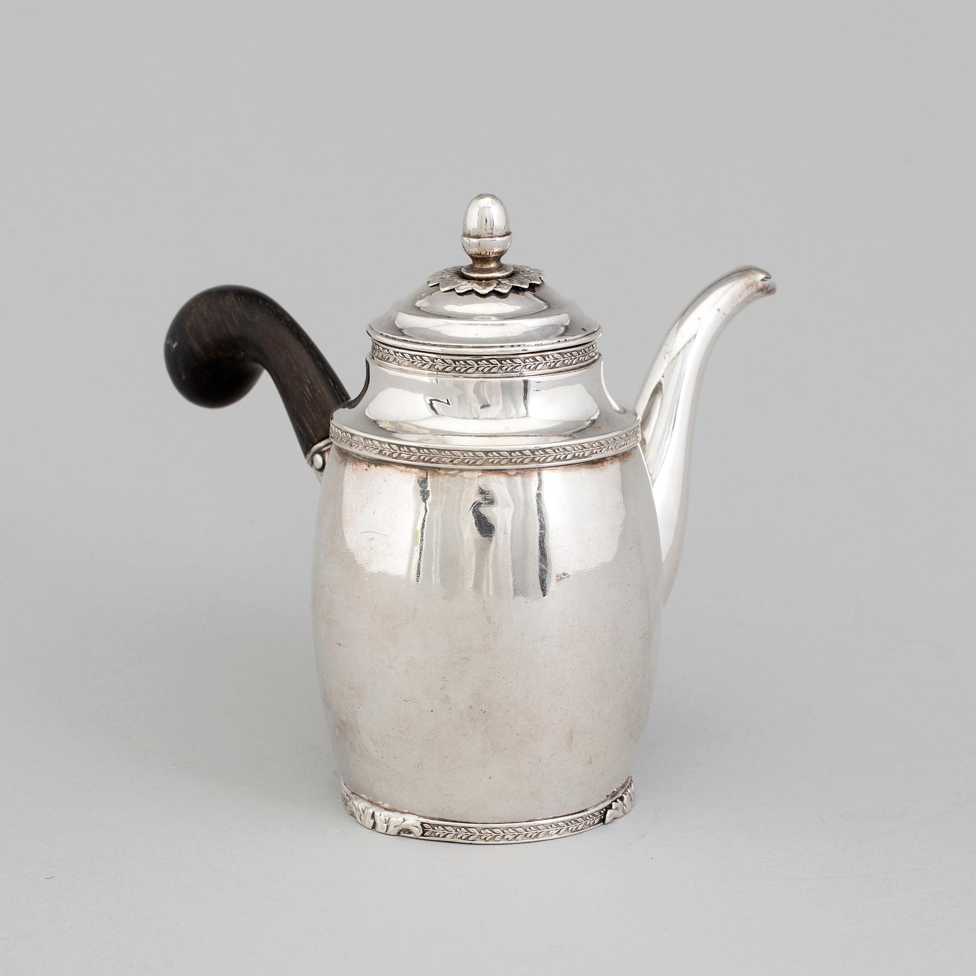 A silver coffee pot by GUSTAF MÖLLENBORG, Stockholm, 1839.