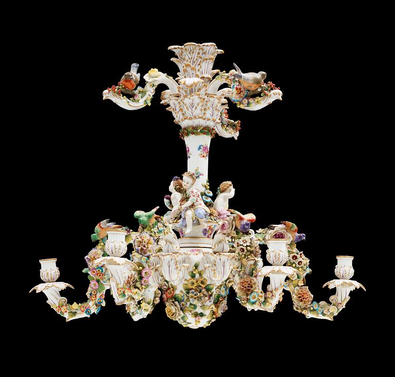 A Rococo style porcelain chandelier, ca 1900.