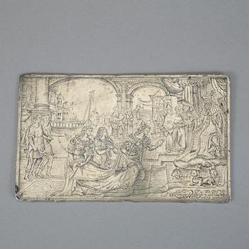 GRAVERAD TENNPLÅT, med påskrift Anders Petterson, 1678.