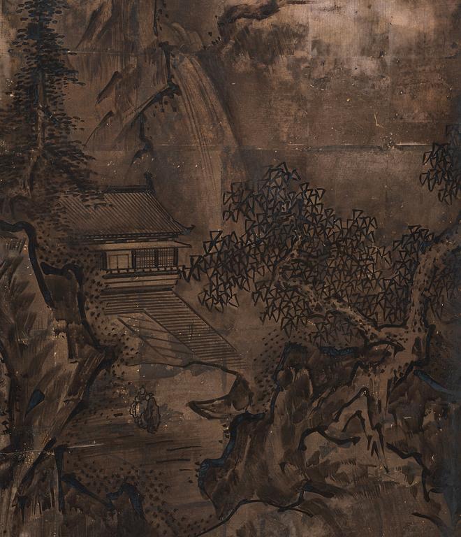 VIKSKÄRM, akvarell och tusch på papper. Japan, Meiji (1868-1912).