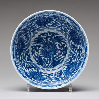 A blue and white lotus bowl, Qing dynasty, with  Kangxi mark and period (1662-1722).