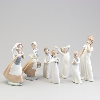 FIGURINER, 7 st, porslin, Lladro samt NAO, Spanien, 1900-talets andra hälft.