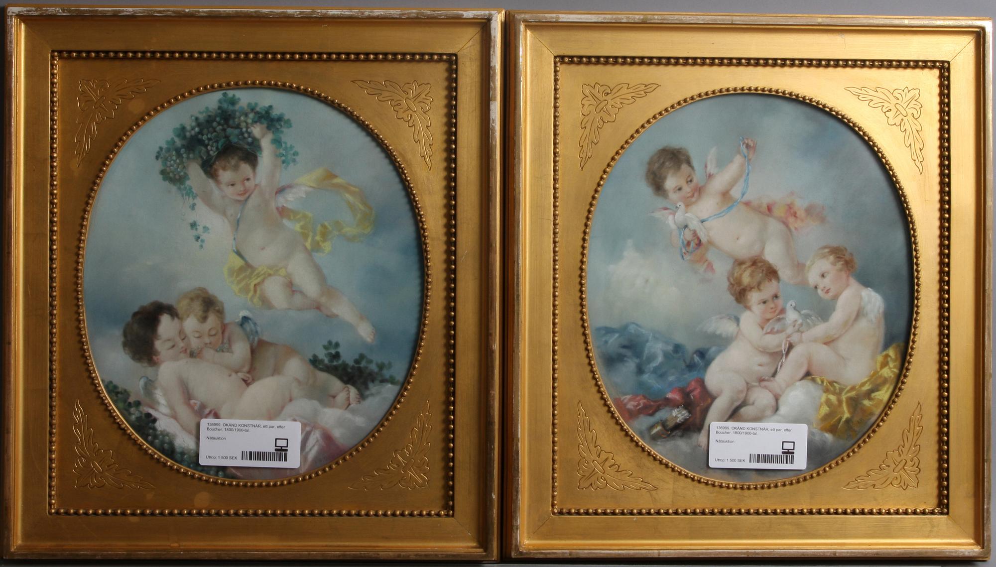 OKÄND KONSTNÄR, pasteller, ett par, efter Boucher. 1800/1900-tal.
