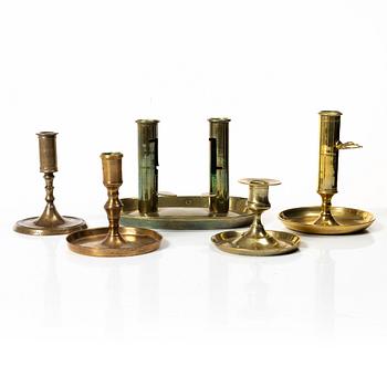 Candelabra, 4 pcs, and a chamberstick for two candles, brass, 19th century.