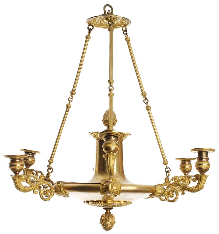 A French late Empire six-light hanging lamp.