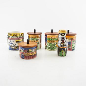 Anita Nylund jars with lids and shaker 6 dl "Our Little Town" and "The Pepparsson Family" JIE Grantofta 1950s/60s.