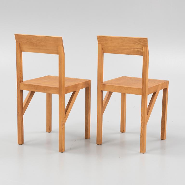 A pair of signed stained pine 'Bracket Chairs' by Frederik Gustav for Frama, Copenhagen 2023.