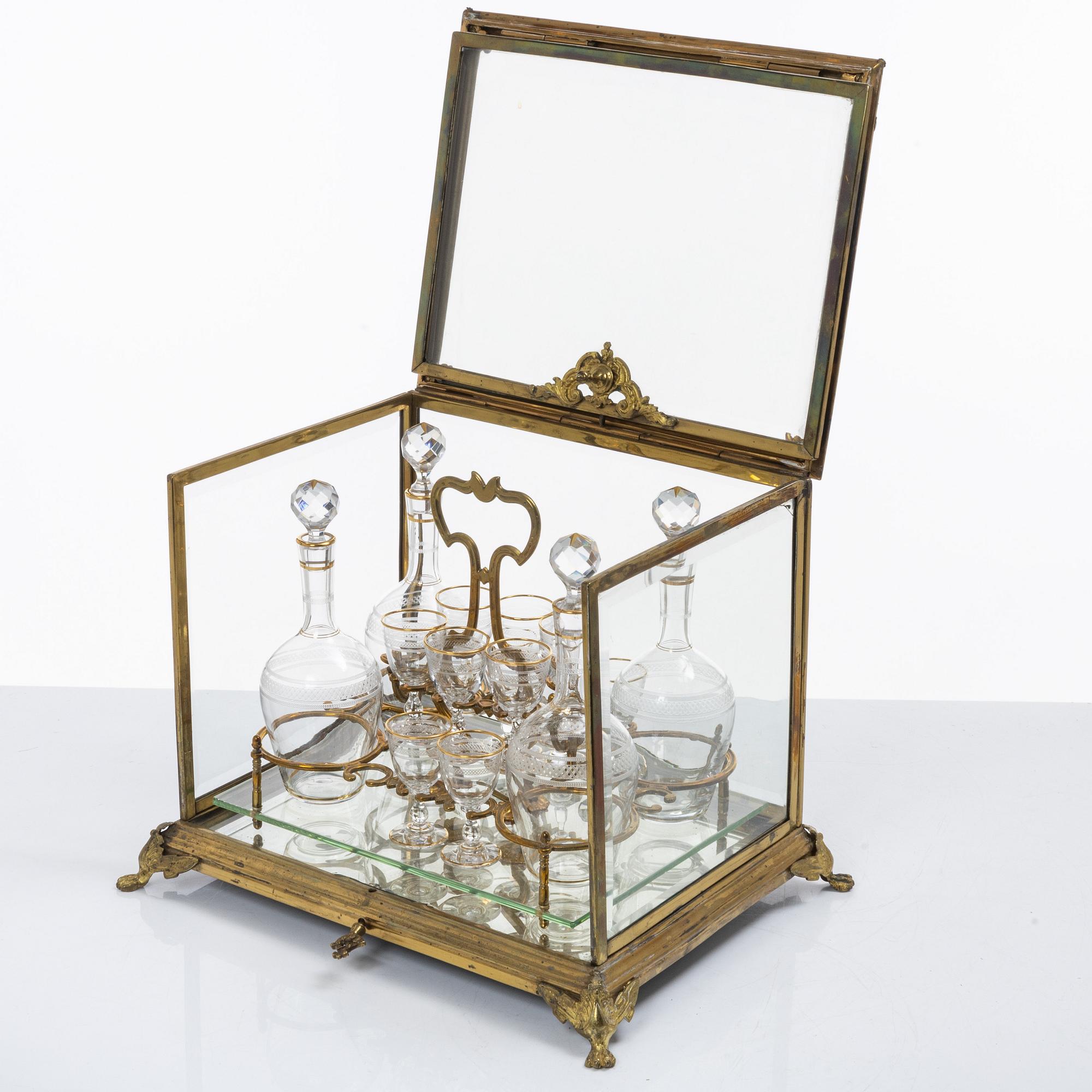 Liqueur set, glass and brass, first half of the 20th century.