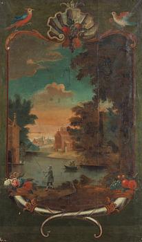 Johan Pasch Hans krets, Väggfält med landskapsvyer, Nedtill med ymnighetshorn, upptill med mussla och parställda papegojor.