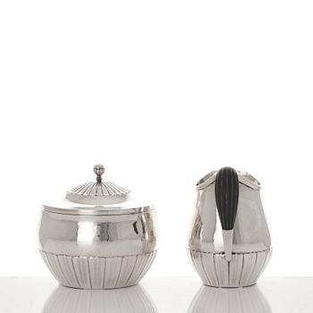 Johan Rohde, a three pieces sterling silver coffee service "Cosmos", Georg Jensen, Copenhagen 1945-77, design nr 45 A + D.