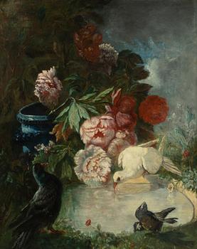 Okänd konstnär, 1800-tal, signerad Buffet? Stilleben med blommor och fåglar.
