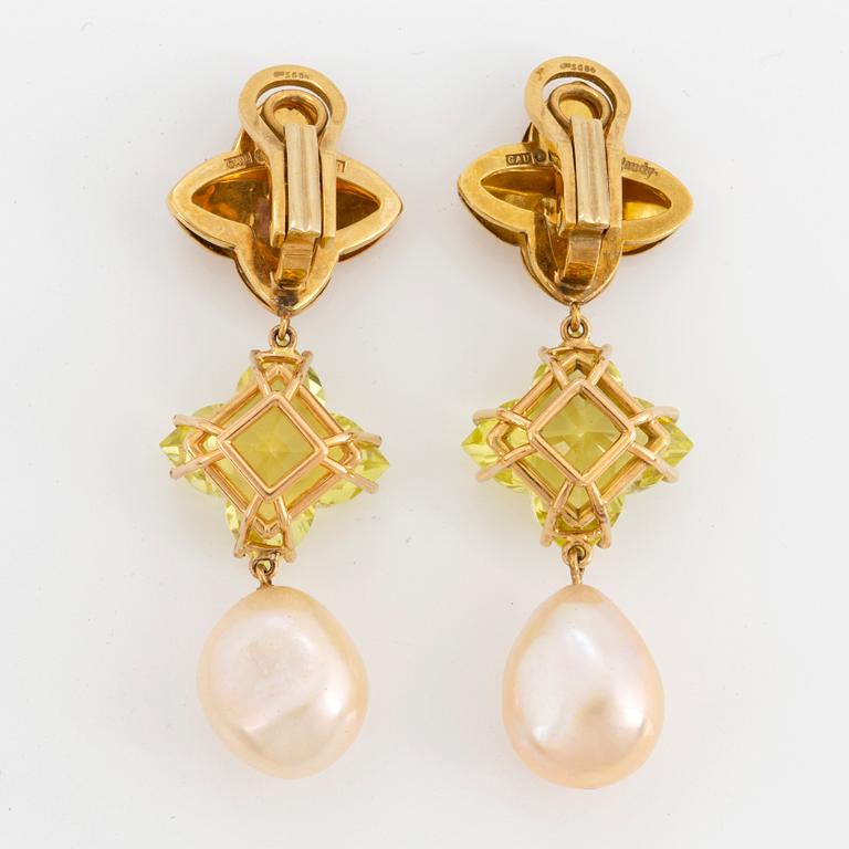 GAUDY, cultured South sea pearl and checker-cut lime quartz earrings.