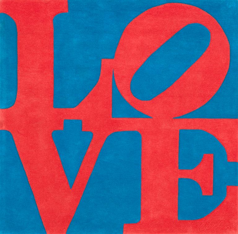 CARPET. "Red on Blue", Chosen love. Tufted in 1995. 182,5 x 184 cm. Robert Indiana, USA, born in 1928.