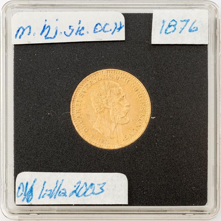 Gold coin, Oscar II, 10 kronor, type II, Sweden 1876.