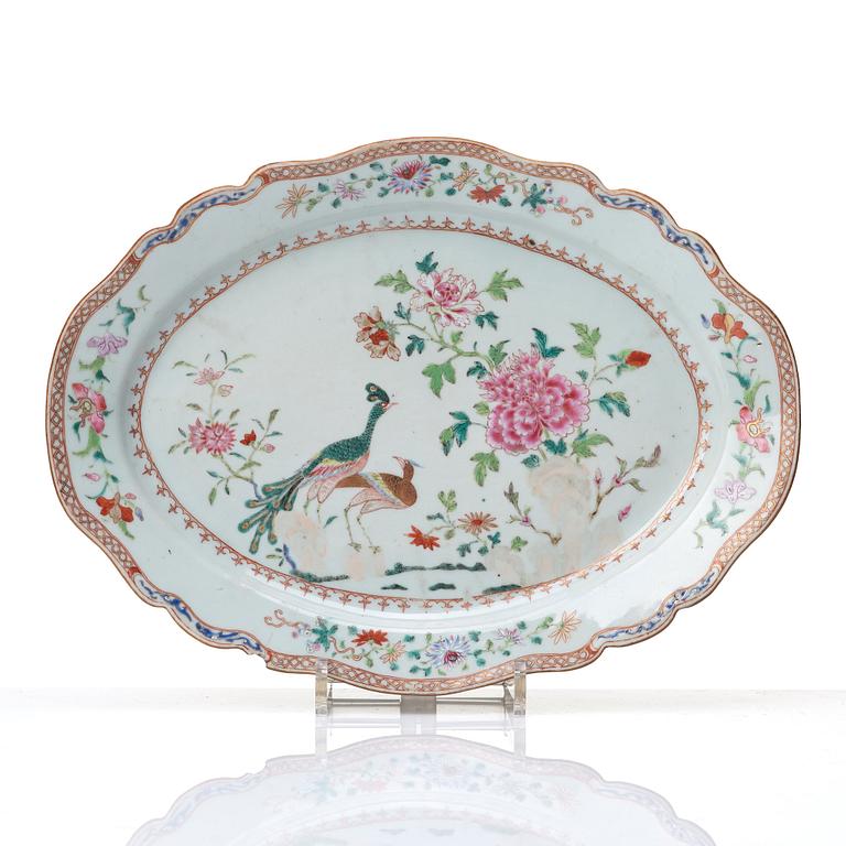 A pair of famille rose 'double peacock' serving dishes, Qing dynasty, Qianlong (1736-95).