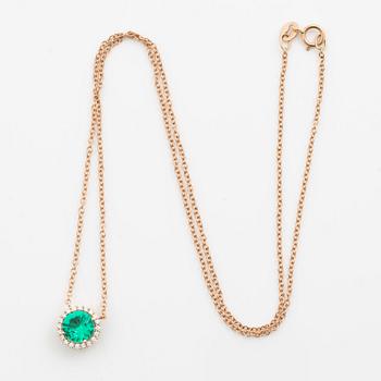 Necklace 18K gold with synthetic emerald and brilliant-cut diamonds.