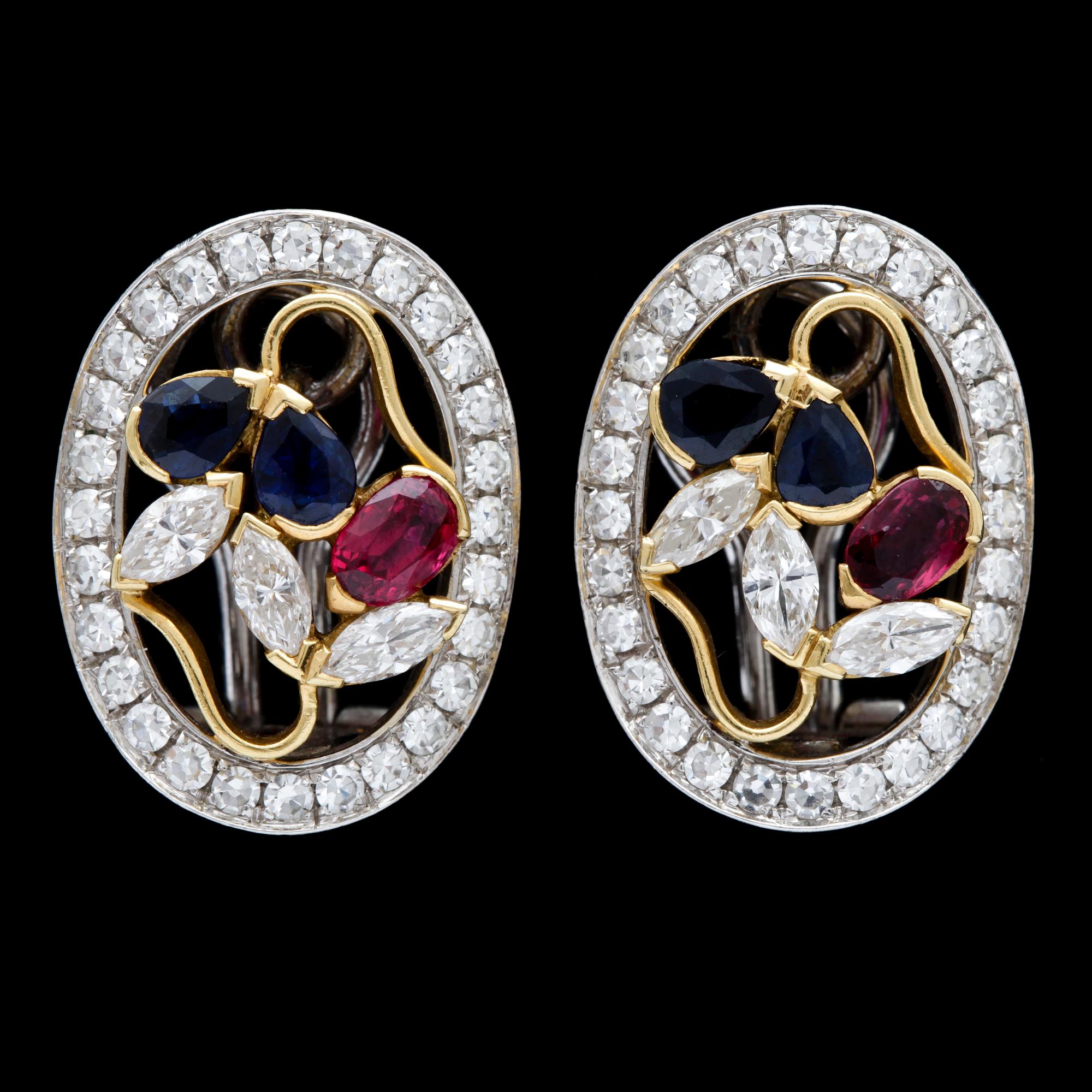 A pair of sapphire, ruby and diamond earrings, tot. app 1.60 cts.
